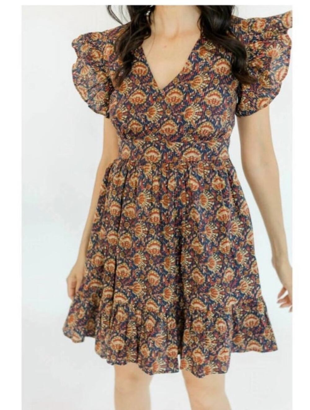 Clara The Label XS Cotton Floral Kantha Stitch Mini Dress Puff Sleeve Boho NWT